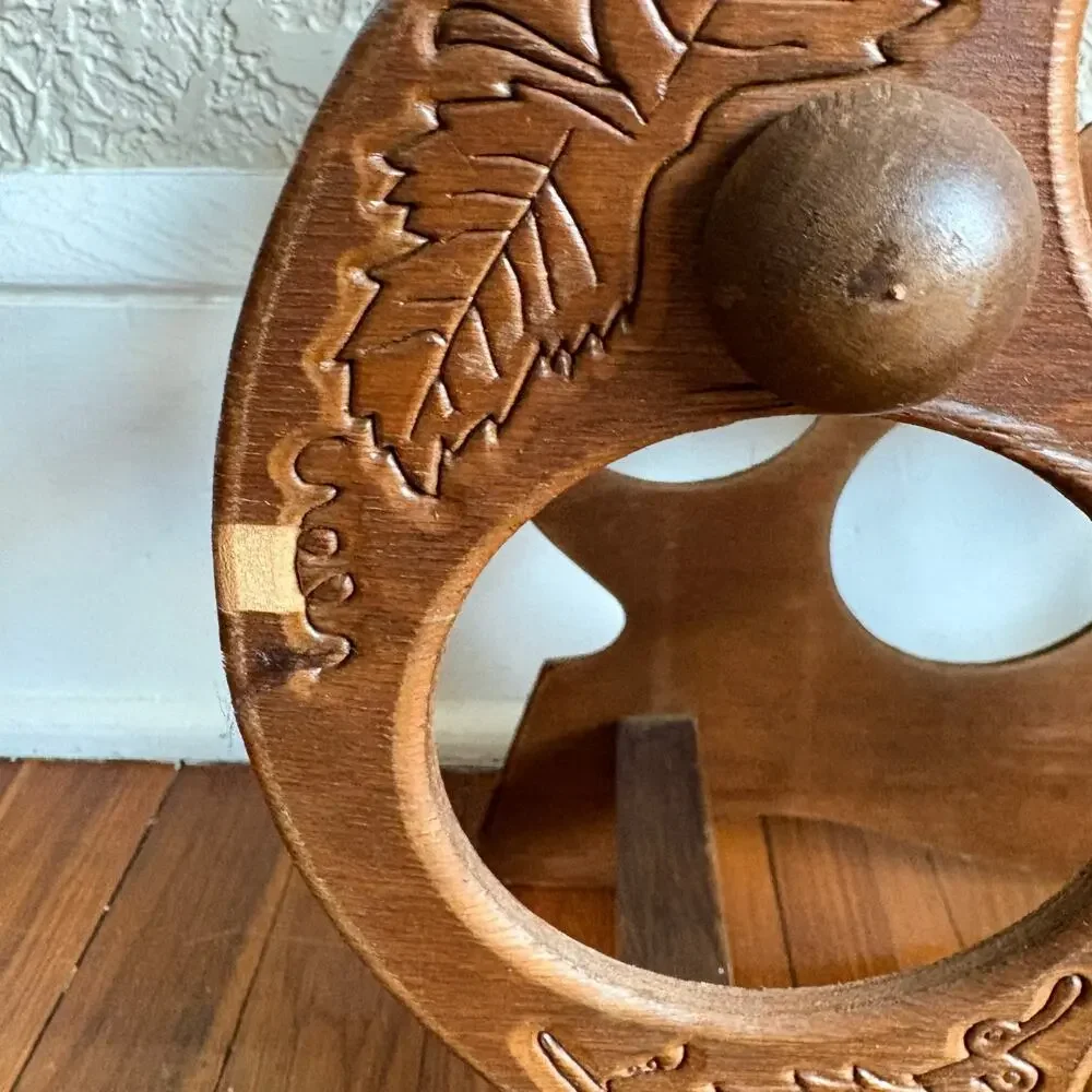 Vintage Carved Wood Wine Bottle Holder, Grape Motif Tabletop Wine Rack